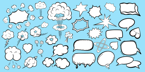 Set of cartoon clouds,explosions. Design elements for comics, merch and other graphic designs.