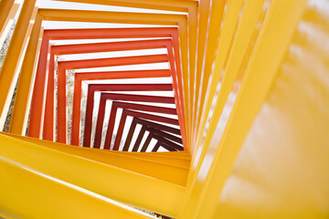 Mexico, Mexico City, Red and yellow geometric sculpture inEspacioEscultoricoUNAM