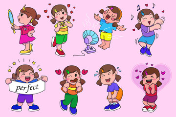 Cute set of girl smiling happily with hearts. Love, emotions, feelings. Isolated love icon concept. emotions. flat cartoon style