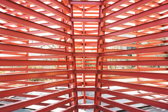 Mexico, Mexico City, Red geometric tower inEspacioEscultoricoUNAM
