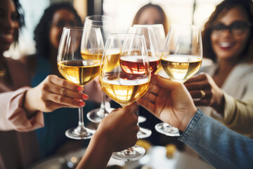 Group of friends toasting with wine glasses at a festive lunch party - obrazy, fototapety, plakaty