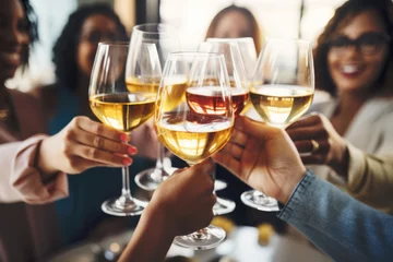 Fotobehang Group of friends toasting with wine glasses at a festive lunch party © Jasmina