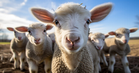 Fototapeta premium Ecological lambs and sheep at the domestic farm, lambs at the factory
