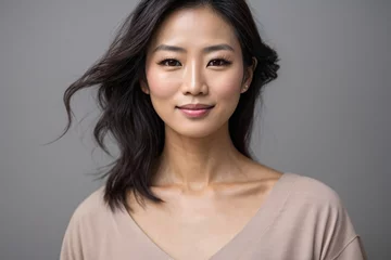 Fotobehang Japanese beautiful woman portrait with smooth health skin face for advertising design. Fit asian beautiful aging young looking woman. Generative Ai. © kapros76