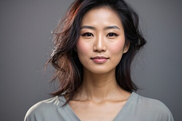 Fototapeta premium Japanese beautiful woman portrait with smooth health skin face for advertising design. Fit asian beautiful aging young looking woman. Generative Ai.