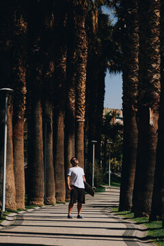 Mature man looking at trees standing on footpath