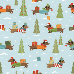 Dachshund dogs in winter down jackets, scarves, and hats among green spruce tree with holiday gifts. Winter holidays seamless pattern 