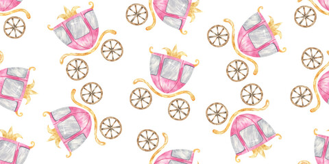 endless wrapping paper with pink coach. Сarriage for princesses. Cute baby clipart. Illustration seamless pattern for childish design, print, nursery, background, wallart