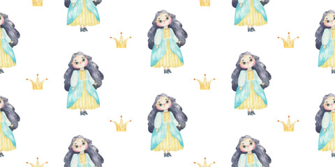 endless wrapping paper with girls, princess with long hair and bright dresses. Cute baby clipart. Illustration seamless pattern for childish design, print, nursery, background, wallart