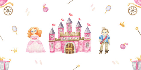 endless wrapping paper with girls, princess with long hair, castle and prince. Cute baby clipart. Illustration seamless pattern for childish design, print, nursery, background, wallart