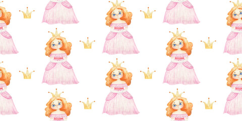 endless wrapping paper with girls, princess with long hair and bright dresses. Cute baby clipart. Illustration seamless pattern for childish design, print, nursery, background, wallart