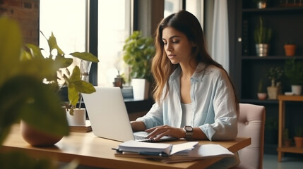 Photo woman sitting at desk using computer and writing in notebook