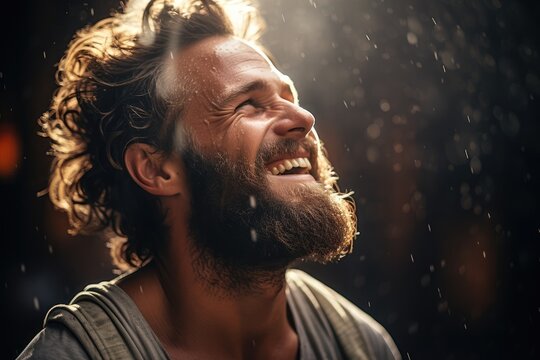 Man's face experiencing the joy of laughter - Raw Human Emotion - Close Up - AI Generated
