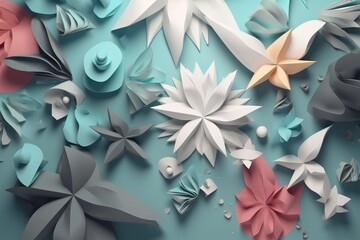 A vibrant bouquet of paper flowers on a serene blue backdrop