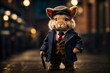 Bunny with cap and thirties suit stands on the street in a city