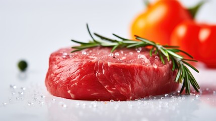 Raw meat with rosemary, salt and pepper on a gray background