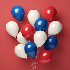 White blue red balloons, colors of the Russian-French flag on a red background in the studio with empty space for text