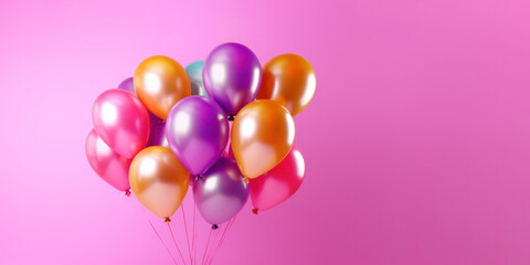 Many colorful bright and beautiful balloons in the studio with a violet-lilac background and with empty space for text