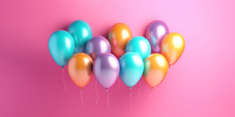 Fototapeta na wymiar Many colorful bright and beautiful balloons in the studio with a pink background and with empty space for text