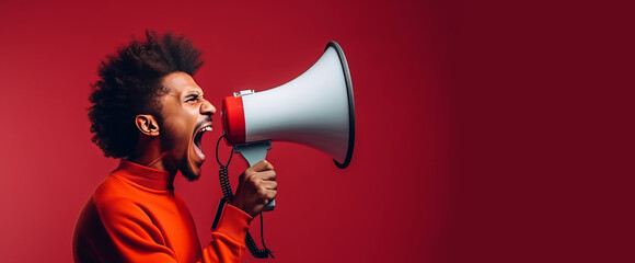 A black man against a plain red background shouts loudly into a megaphone and announces the start of the Black Friday sale. Banner. - obrazy, fototapety, plakaty