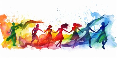 Aquarelle Close-Up Captures the Joyful Dance of Students Celebrating Diversity and Inclusion with a Vibrant Rainbow Flag on a White Background