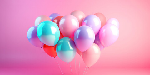 Many colorful bright and beautiful balloons in the studio with a pink background and with empty space for text