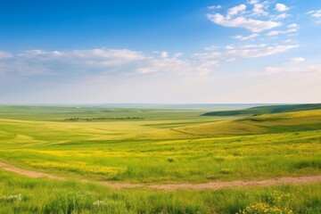 A peaceful countryside landscape with a winding dirt road cutting through a vibrant green field