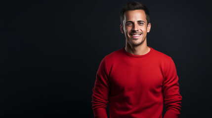 Fototapeta premium Strong smiling man in a red sweater on a dark background on the day of the Black Friday sale.
