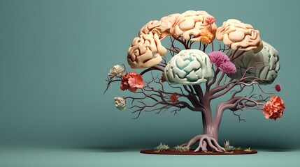 Artistic Brain with Blooming Flowers, self care and mental health concept, positive thinking, creative mind. generative ai - obrazy, fototapety, plakaty