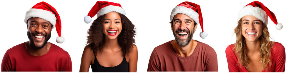 A collection of man and woman in santa claus hat set isolated on a white background