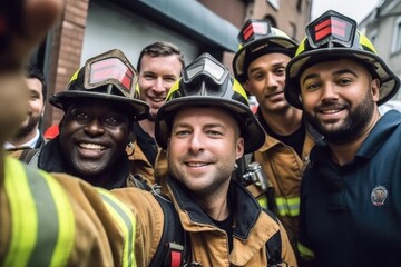 shot of a group of firefighters taking a selfie while standing outside
