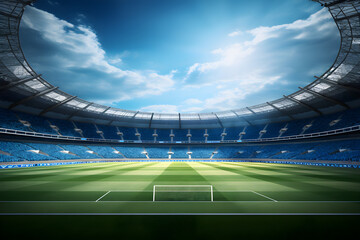 Blick auf das Spielfeld in einem Fußballstadion, erstellt mit generativer KI - obrazy, fototapety, plakaty