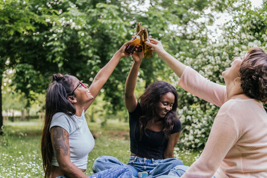 Cheerful women toasting beer bottles at park