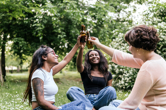 Happy multiracial friends toasting beer bottles at park