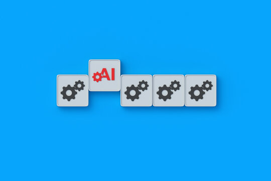 The advantage of artificial intelligence. Automation of production. Replacing outdated technologies with new ones. Cogwheel and ai symbol on cubes. 3d render