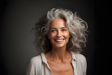 Beautiful gorgeous 50s mid age beautiful elderly senior model woman with grey hair laughing and smiling. generative ai