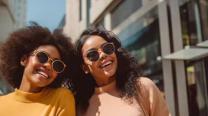 Two happy dark-skinned and smiling female friends walk through boutiques and shopping centers and buy goods on Black Friday sales day. - obrazy, fototapety, plakaty