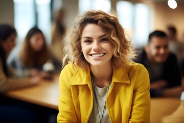 Obraz premium Photo of beautiful happy woman looking at camera while sitting at office. generative ai