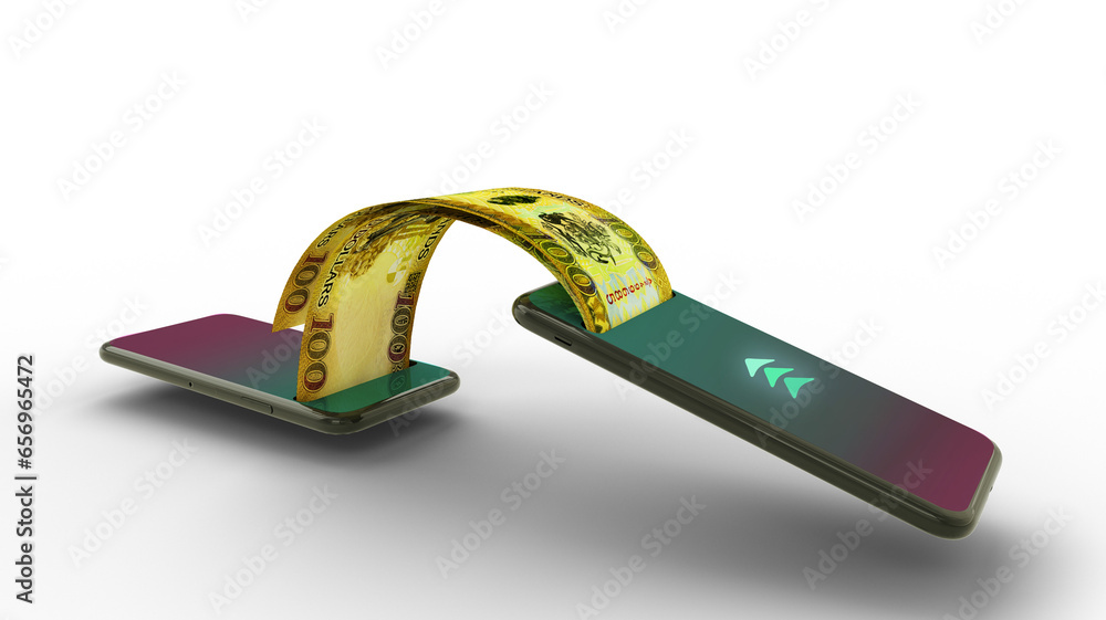 Poster 3d rendering of 100 solomon islands dollar notes transferring from one phone to another. mobile mone