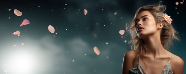 Conceptual cosmetic beauty banner with close-up portrait of a beautiful young woman with flower petals and night sky background
