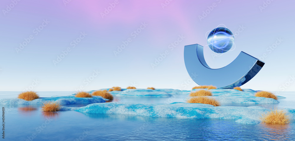 Wall mural 3d render, abstract surreal pastel landscape background with arches and podium for showing product, 