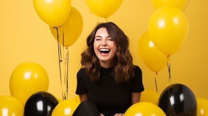 Happy, laughing young girl on a holiday, on a yellow background among yellow and black balloons on the day of the Black Friday sale. - obrazy, fototapety, plakaty