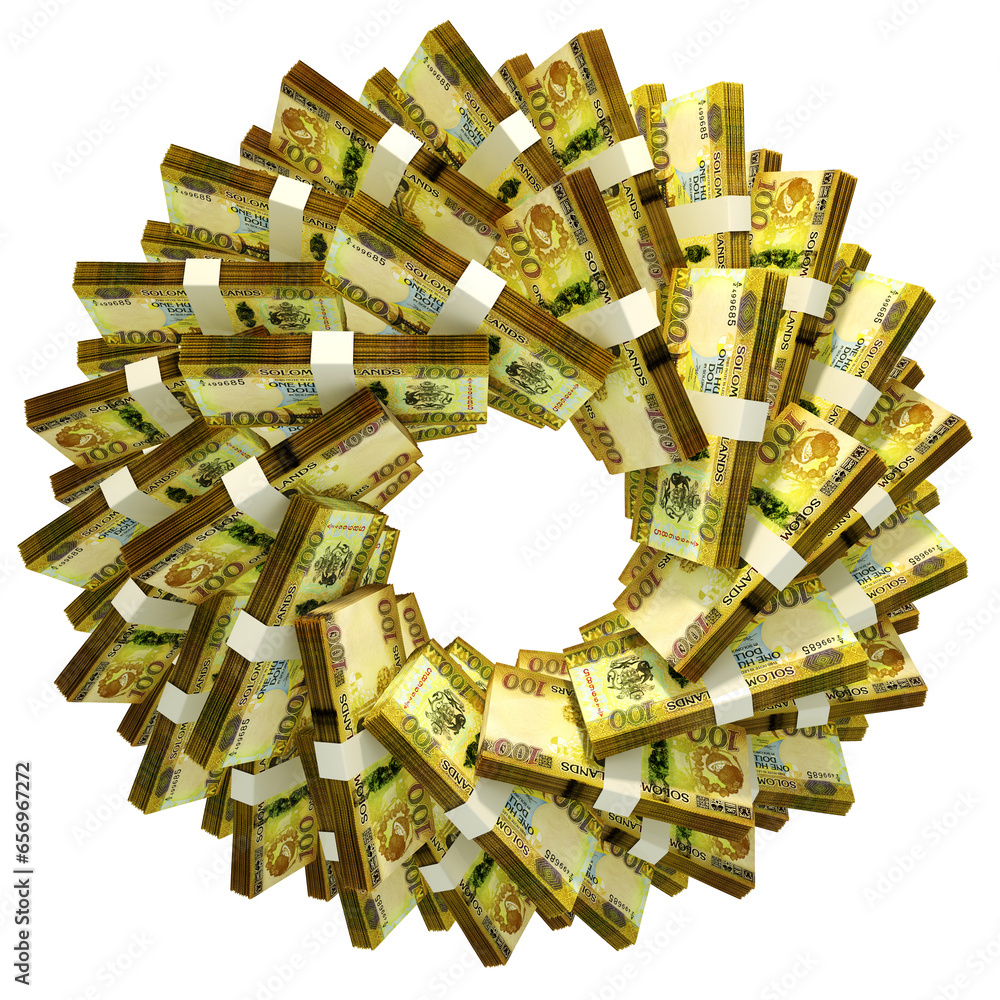 Poster 3d rendering of stacks of solomon islands dollar arranged in a circular pattern.
