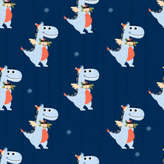 Seamless pattern. Christmas cartoon dragon with gift on blue background. Vector illustration for new year design, wallpaper, packaging, textile. kids collection.