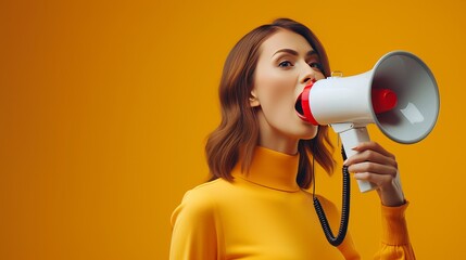 A girl on a plain yellow background shouts loudly into a bullhorn and announces the start of Black Friday Sale Day. - obrazy, fototapety, plakaty