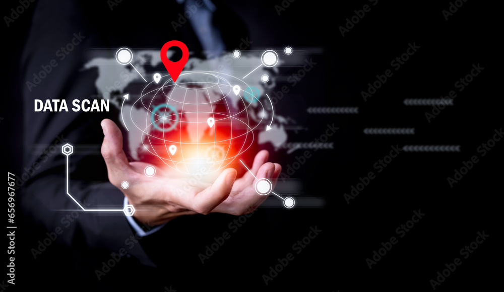 Poster technology data scan gps virtual world and model map with location point, gps app, icon travel maps 