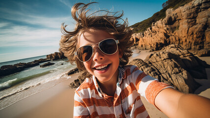 happy child boy takes selfie near ocean