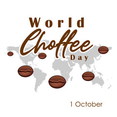 Happy International Coffee Day 1 October, banner template design. Illustration of aromatic coffee beans, steam and world map silhouette. Coffee is a drink loved by people. Vector Illustration