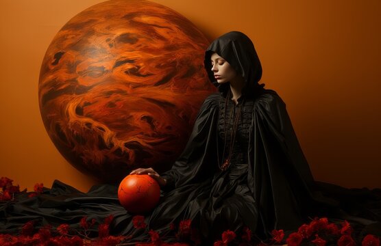 Witch standing in front of a giant sun in the style of dark surrealist imagery