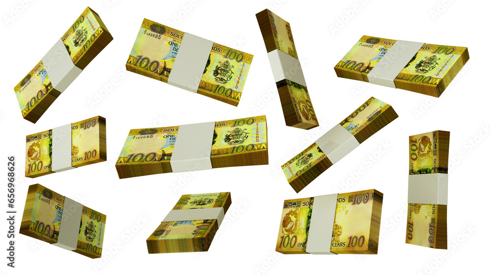 Poster 3d rendering of set of stacks of 100 solomon islands dollar notes flying in different angles and ori